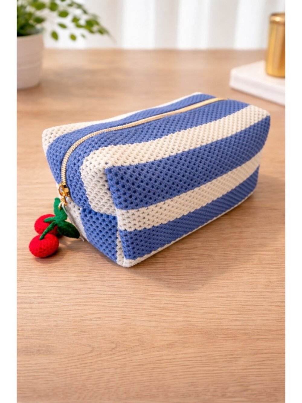 New Blue & White Stripped Makeup Bag Nylon Mesh Cosmetic Bag W/ Cherry Zipper